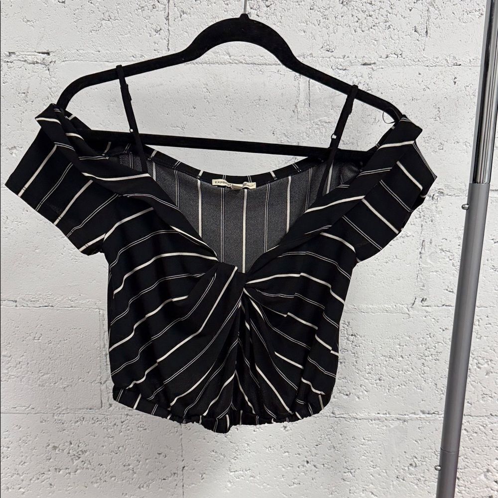 Express One Eleven Off-Shoulder Black & White Striped Crop Top Size XS Like NEW